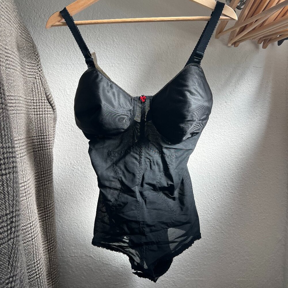 Vintage 1960s corset bra - black with a red rose detail